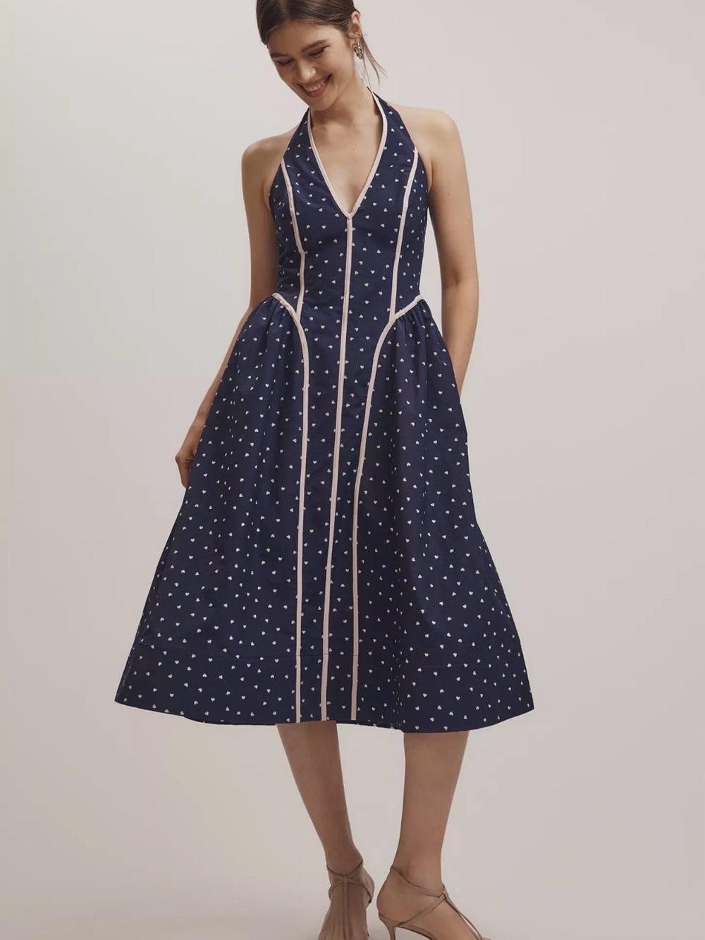 Anthropologie Navy Midi Halter Dress with Cream Trim